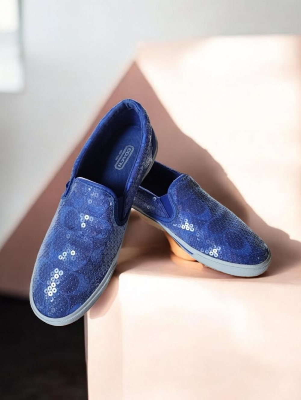 COACH (7.5) Royal Blue Jacquard Sequined Slip Ons